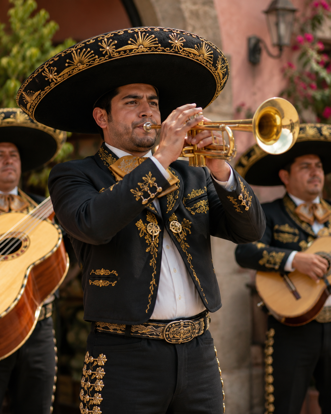 Trompetista del mariachi Luceros de México con traje de charro bordado en Naucalpan